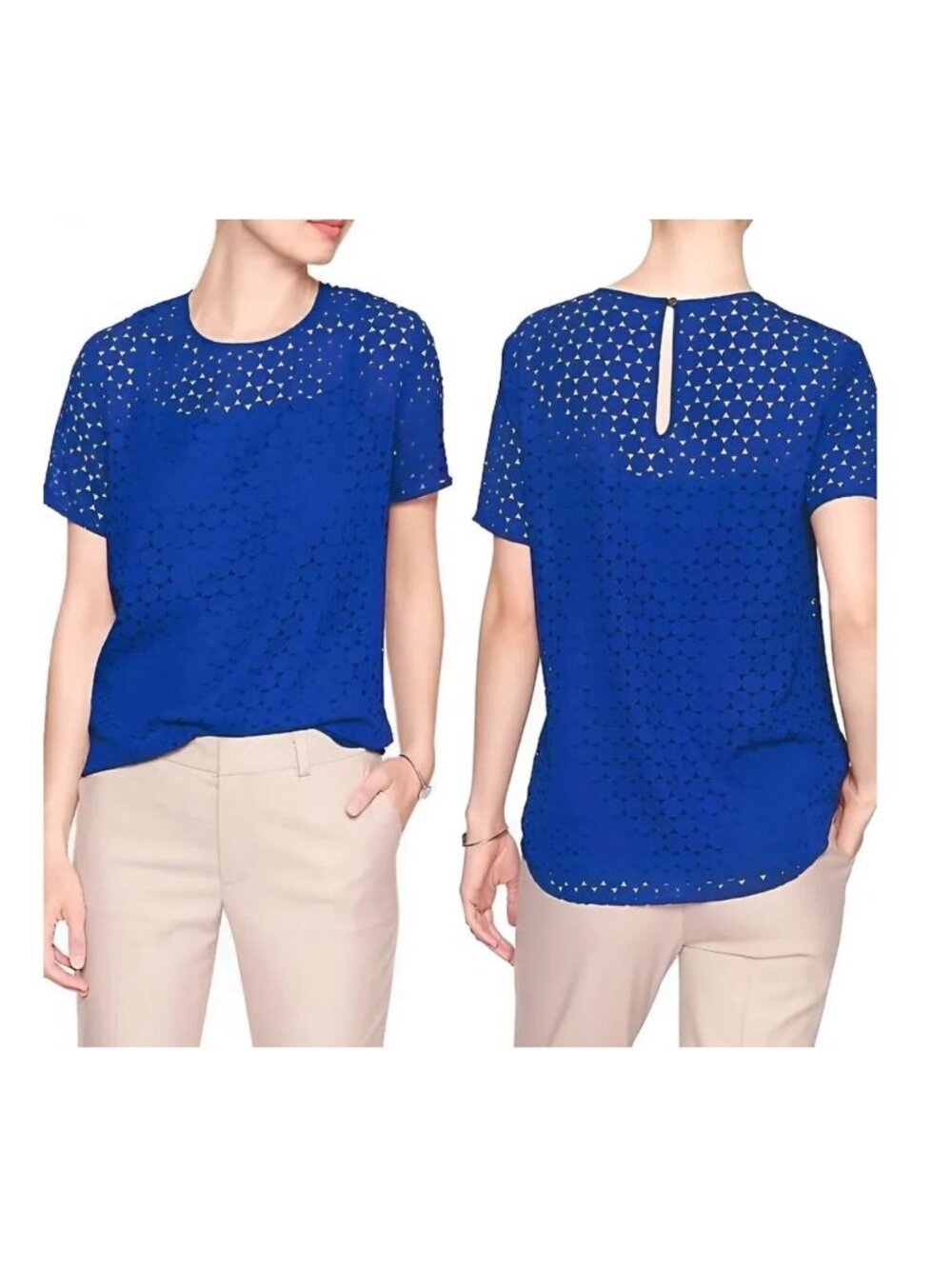 Banana Republic Factory Laser-Cut Eyelet Overlay Cropped Short Sleeve Top, XSP